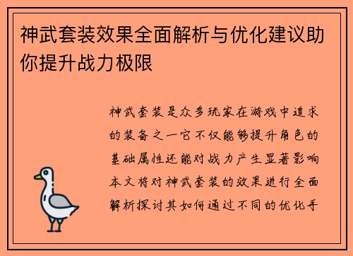 神武套装效果全面解析与优化建议助你提升战力极限